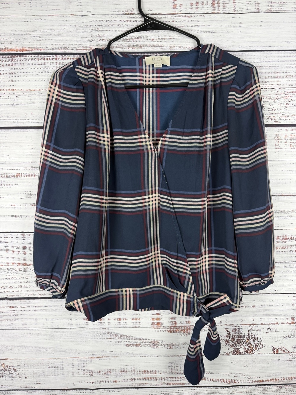 LOFT Navy Plaid Tie Front Blouse Long Sleeve‎ 3/4 Sleeve Women’s Top